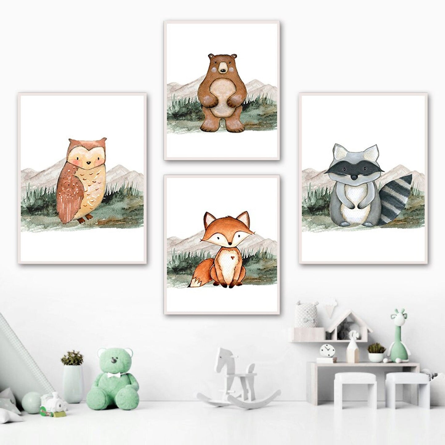 Poster Kinder Wald Tiere Fuchs Waschbär Reh Eule Fuchs Braunbär und Berge als Deko Print ohne Rahmen
