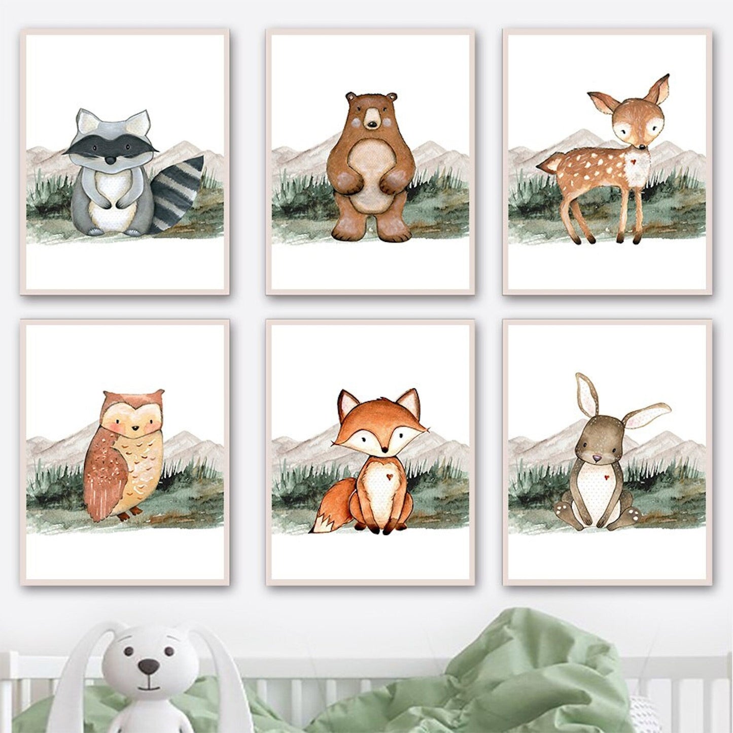 Poster Kinder Wald Tiere Fuchs Waschbär Reh Eule Fuchs Braunbär und Berge als Deko Print ohne Rahmen