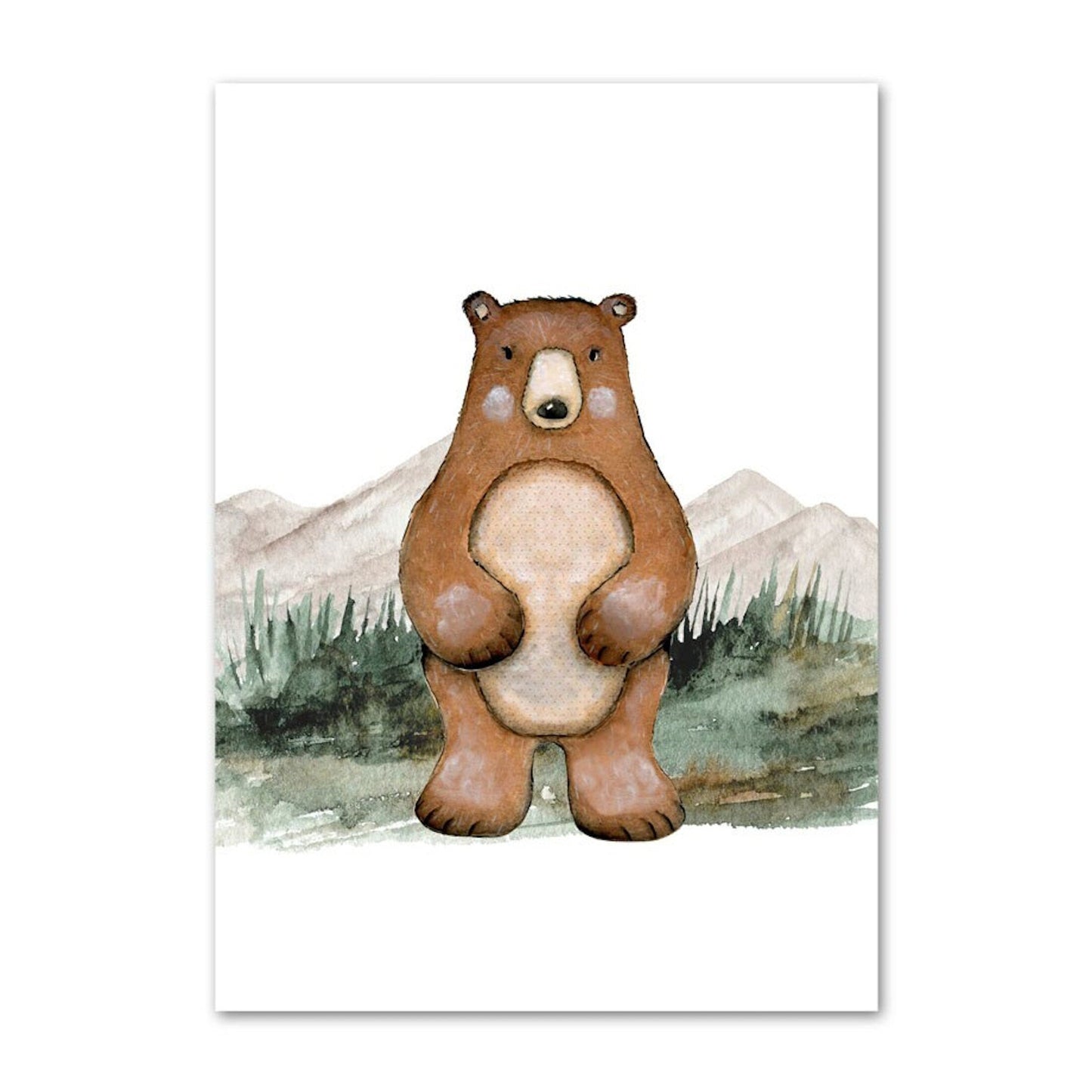 Poster Kinder Wald Tiere Fuchs Waschbär Reh Eule Fuchs Braunbär und Berge als Deko Print ohne Rahmen