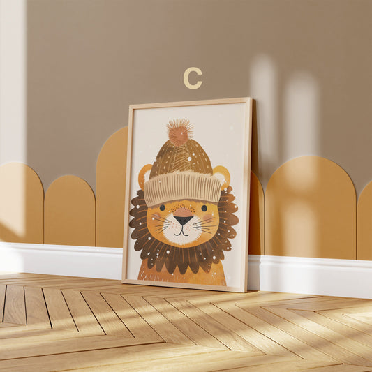 Löwen Poster Kinderzimmer · Geschenkidee für Kinder · Kinderzimmer Deko  · Winter Herbst Löwe Mütze · Deko Print ohne Rahmen