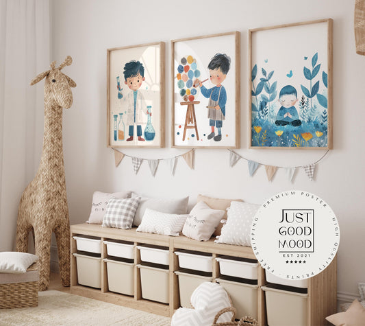 Poster Kinderzimmer Aquarell · Junge Wissenschaftler · Mädchen Künstlerin · Mutter umarmt Kind Kunst Bilder · Wand Deko · ohne Rahmen